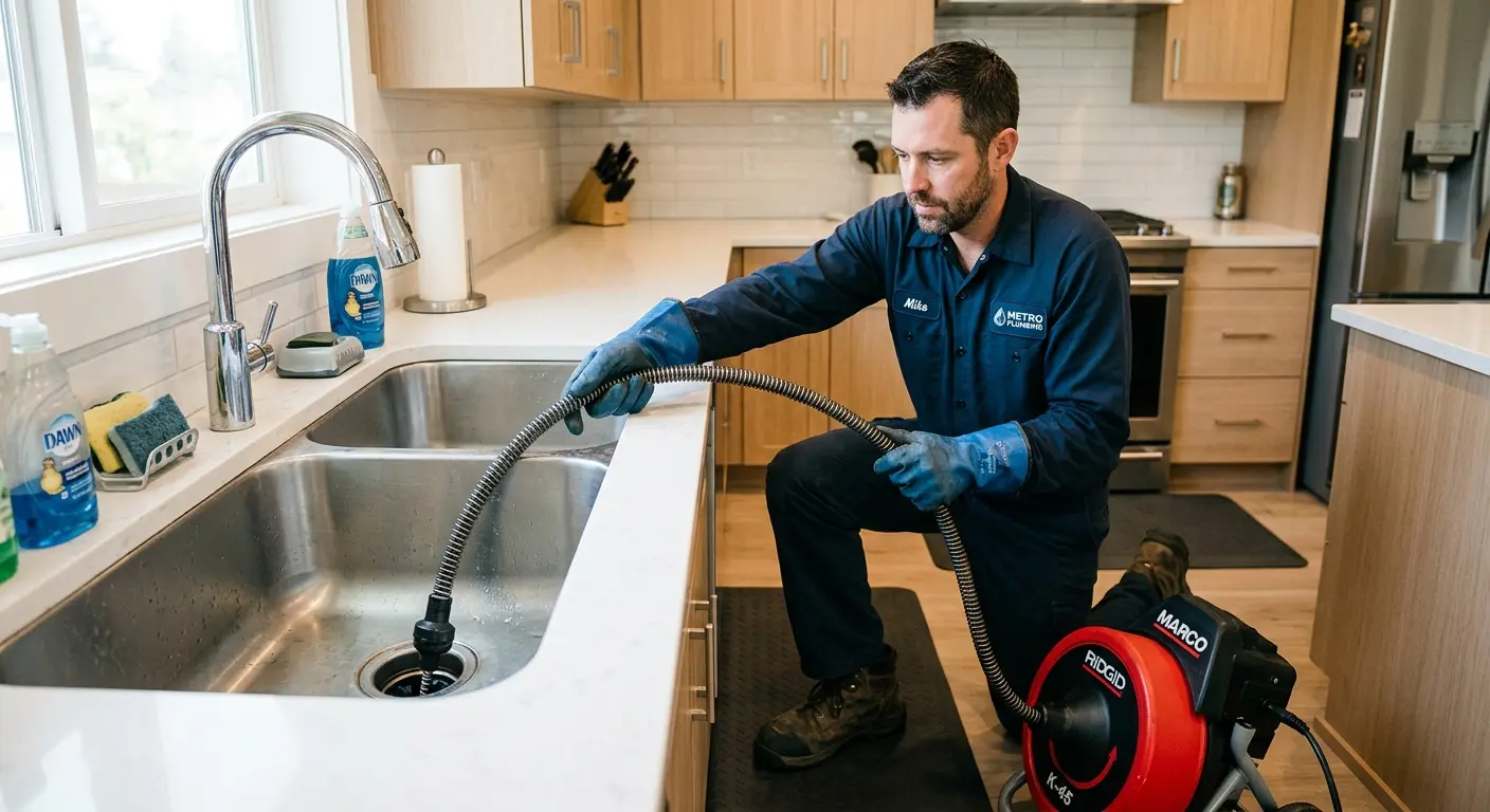 Drain cleaning technician using a motorized snake on a kitchen sink in Waterville
