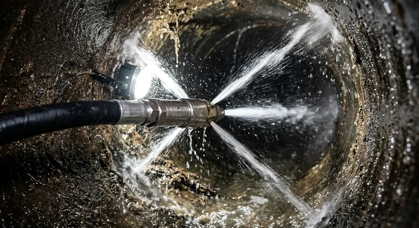 High-pressure hydro jetting nozzle cleaning sewer pipe for Sewer Cleanout in Waterville