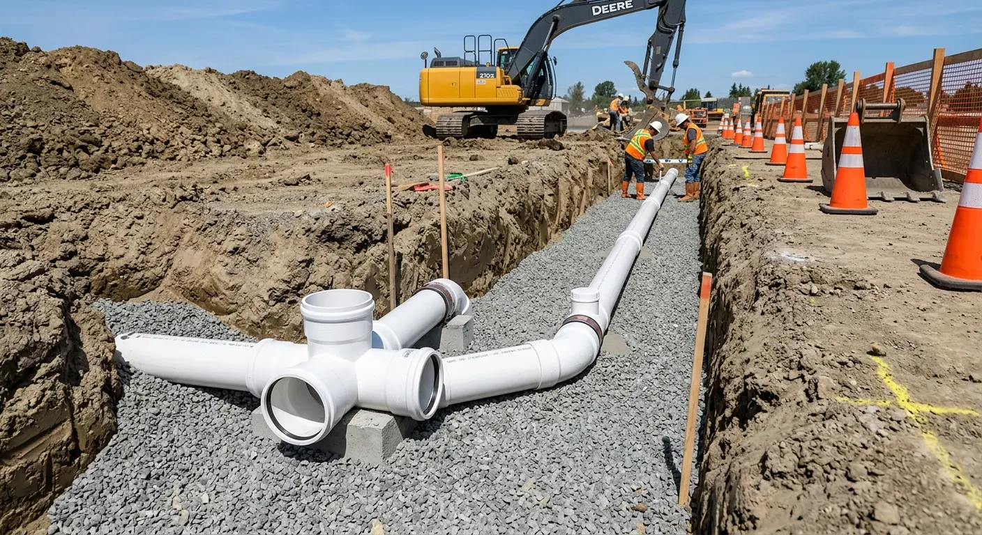 New PVC sewer pipe installation in open trench for Sewer Backup in Waterville