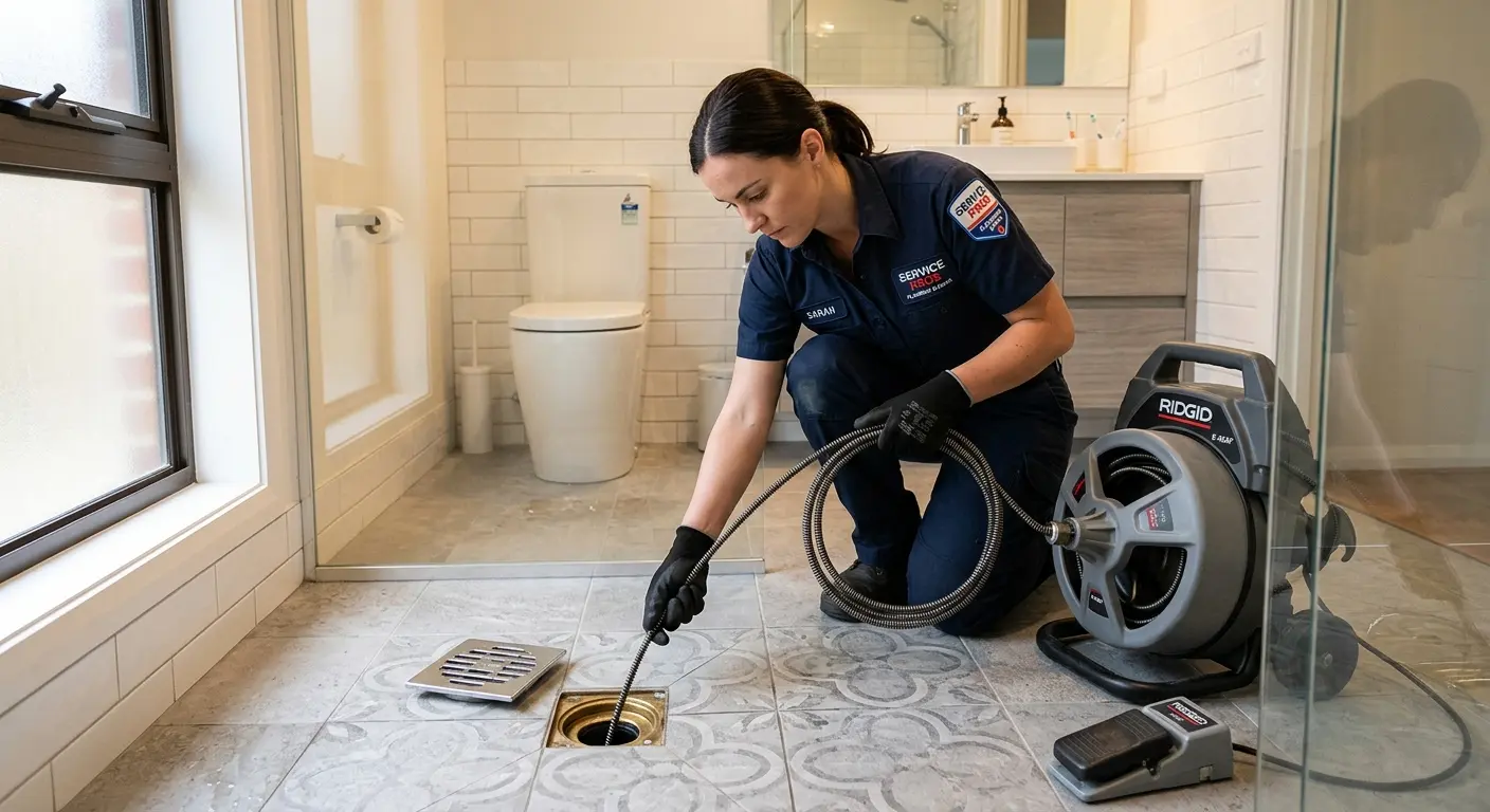 Technician clearing a bathroom floor drain for Drain Repair in Waterville